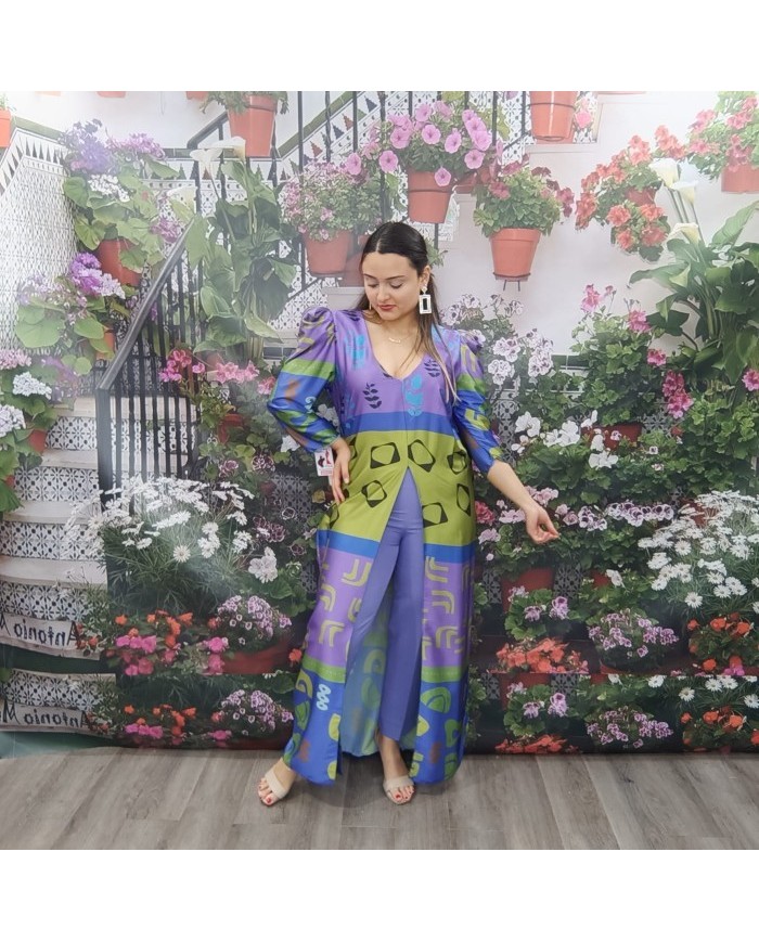 Conjunto Ceuta Túnica Maxi Estampada y Pantalón Morado