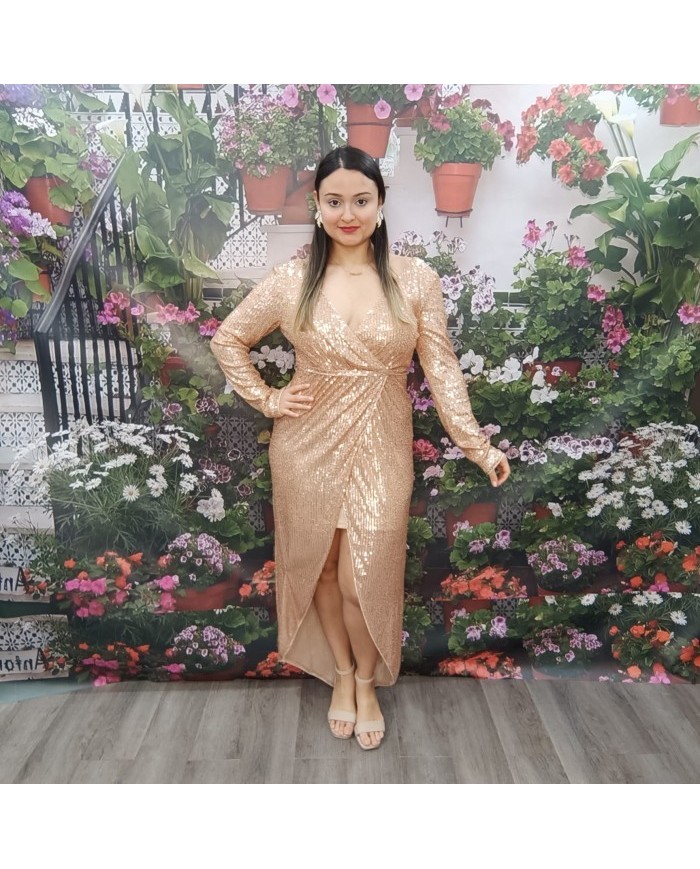Vestido Lentejuelas Oro Rosa - Escote Cruzado Midi Fiesta