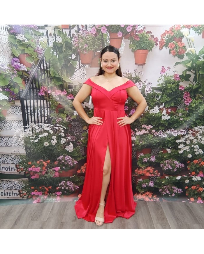 Vestido Largo Roma Rojo Escote Bardot - Invitada Boda