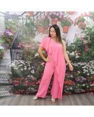 Mono Fiesta Concepción Rosa Asimétrico Volante - Pantalón Palazzo