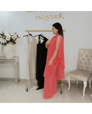 Mono Fiesta Galata Coral con Capa - Pantalón Palazzo Invitada