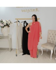 Mono Fiesta Galata Coral con Capa - Pantalón Palazzo Invitada