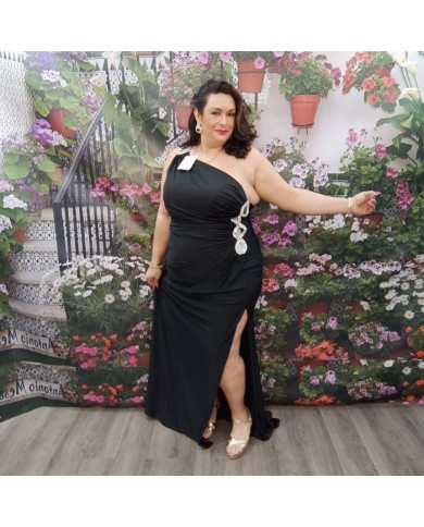 Vestido Gala Noa Negro con Capa y Pedrería - Fiesta Noche