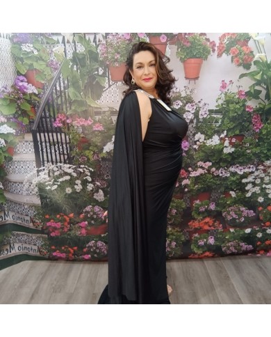 Vestido Gala Noa Negro con Capa y Pedrería - Fiesta Noche
