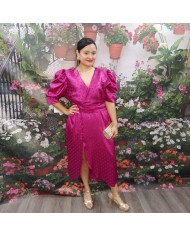 Vestido Midi Alba Fucsia Cruzado Mangas Abullonadas