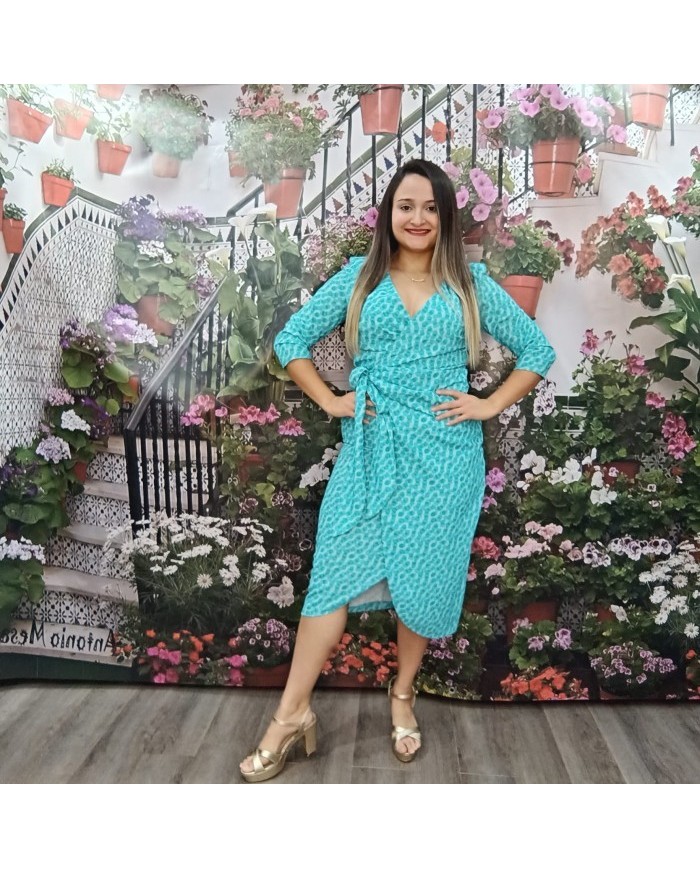 Vestido Carlota Turquesa Cruzado - Invitada Día Manga Francesa