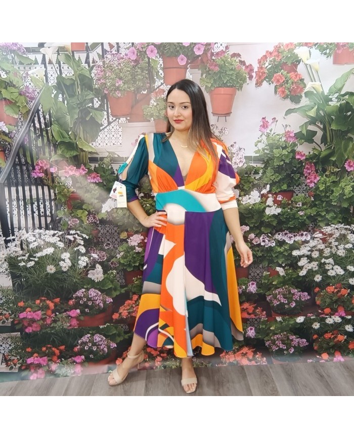 Vestido Midi Tamara Estampado Abstracto Escote V Profundo