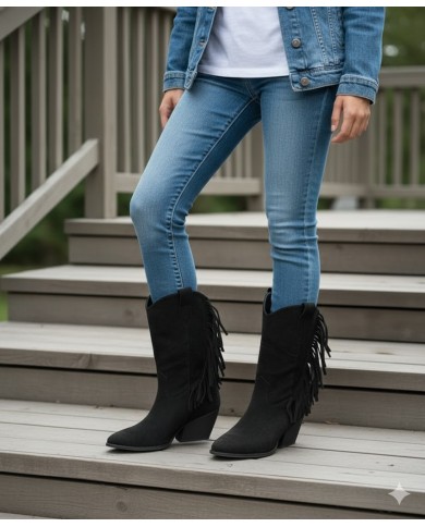 Botín Flecos Mujer Ante Beige - Estilo Cowboy Tacón Cubano Botín Flecos Mujer Ante Beige - Estilo Cowboy Tacón Cubano