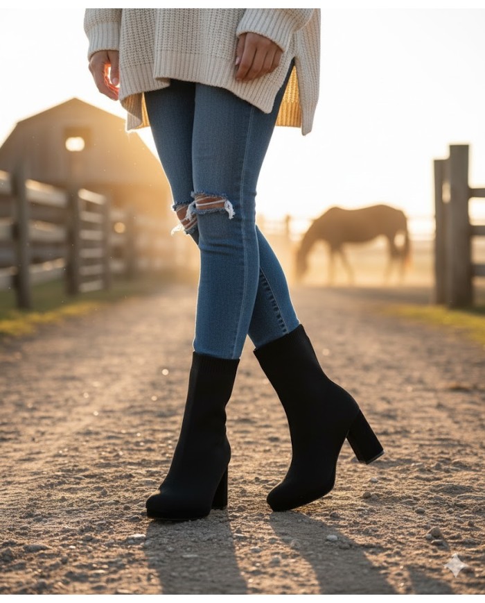 Botín Calcetín Marrón - Tacón Bloque y Plataforma de Punto