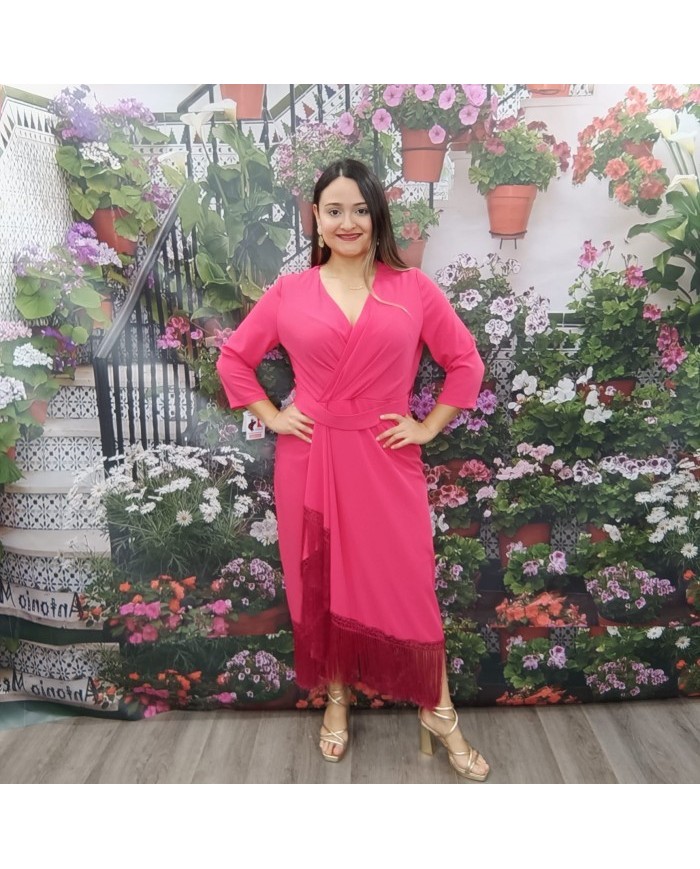 VESTIDO REICHEL T. 46 | Fucsia, Cruzado y Flecos | Invitada
