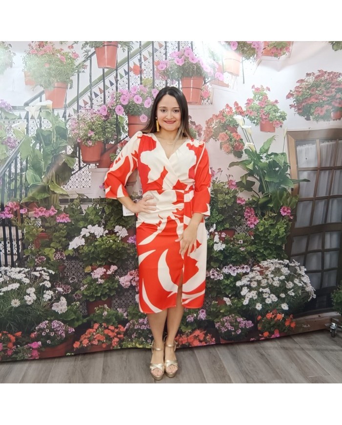 VESTIDO ANASTASIA | Estampado Rojo/Crema, Nudo Cruzado | Invitada