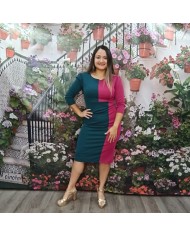 VESTIDO ENMA | Bicolor Verde Botella y Fucsia | Cóctel/Oficina