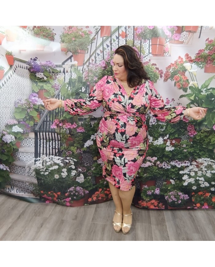 VESTIDO EVENTOS ANDALUCÍA | Floral Oscuro, Drapeado y Manga Larga