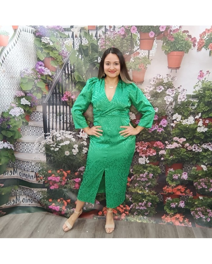 VESTIDO JULIETA | Verde Esmeralda Jacquard y Hombros Marcados