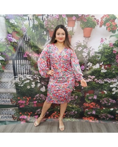 VESTIDO SUÁREZ | Floral Multicolor, Drapeado y Mangas Puff | Invitada