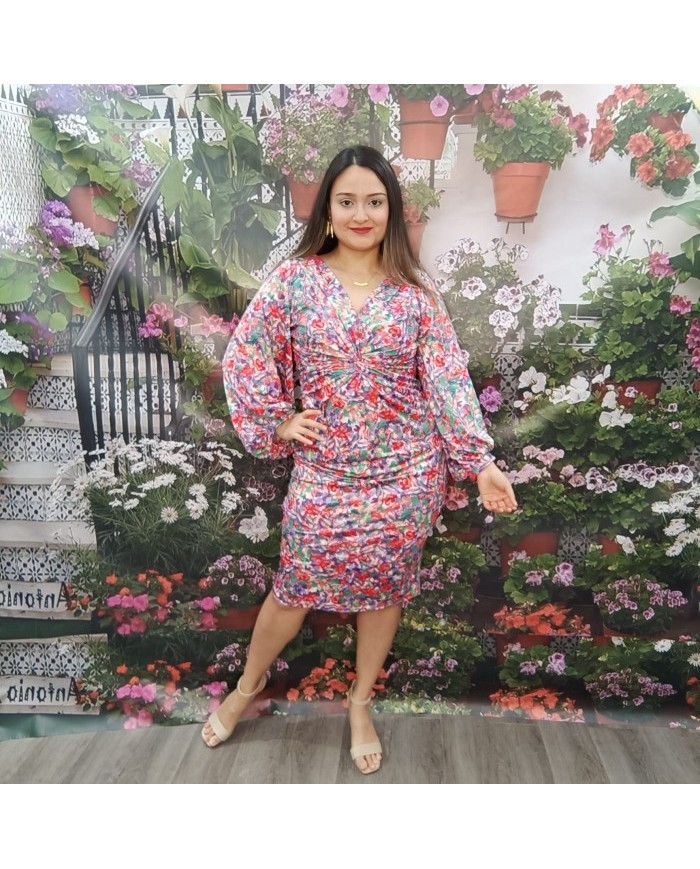 VESTIDO SUÁREZ | Floral Multicolor, Drapeado y Mangas Puff | Invitada