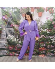 Conjunto DANA Lila | Traje de Pantalón con Plumas | Invitada Boda