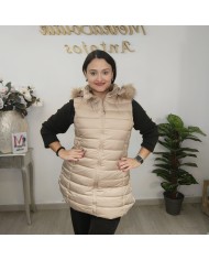 Chaleco VIRGINIA Puffer | Capucha Pelo & Largo | Negro y Beige
