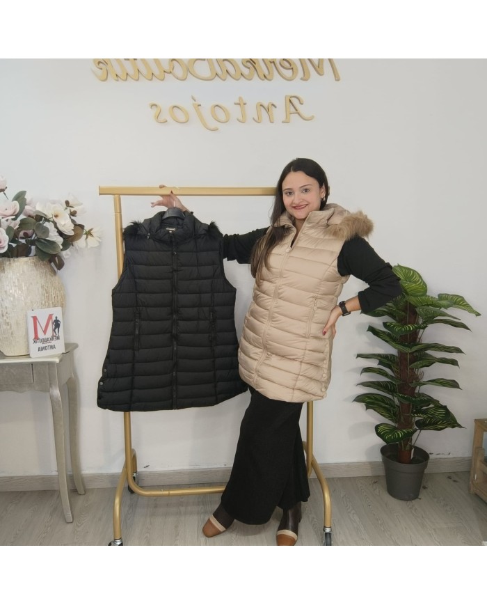 Chaleco VIRGINIA Puffer | Capucha Pelo & Largo | Negro y Beige