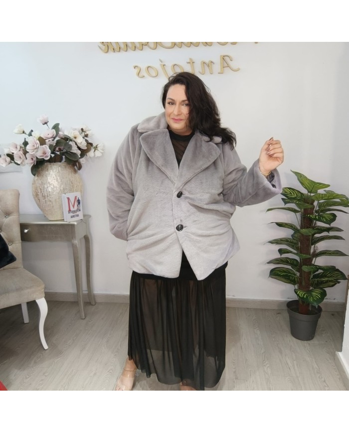 Abrigo PANDA Pelo | Faux Fur Negro & Gris | Solapa Grande