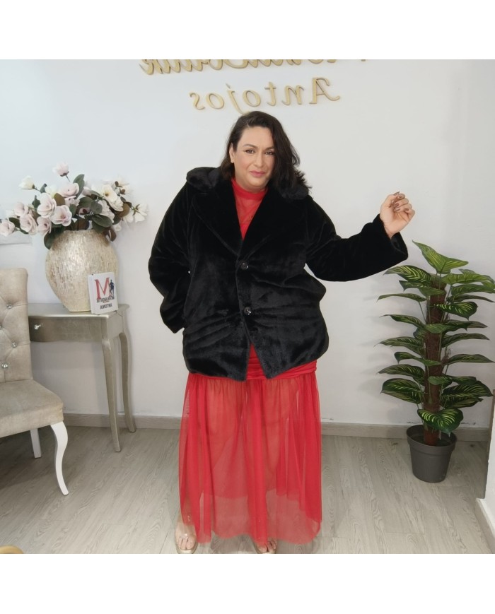 Abrigo PANDA Pelo | Faux Fur Negro & Gris | Solapa Grande