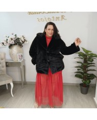 Abrigo PANDA Pelo | Faux Fur Negro & Gris | Solapa Grande