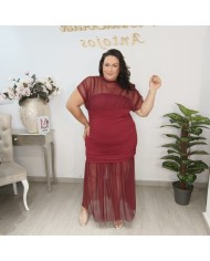 Vestido Saray Curvy Tallas GrandesBurdeos con mangas de malla y fruncido lateral vista 2