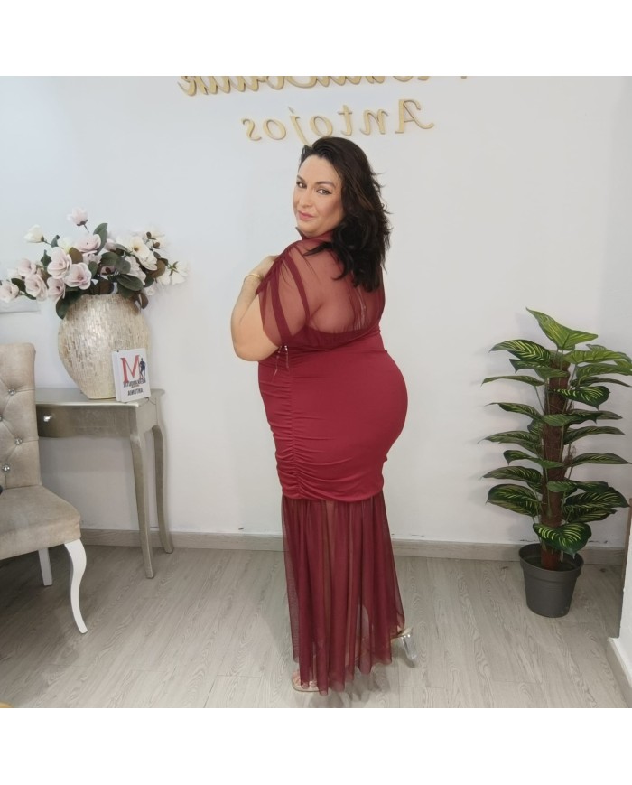 Vestido Saray Curvy Tallas Grandes Burdeos con mangas de malla y fruncido lateral vista 3