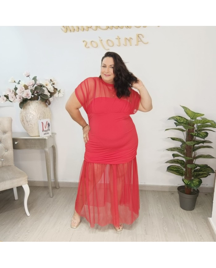 Vestido Saray Curvy Tallas Grandes Rojo con mangas de malla y fruncido lateral vista 6