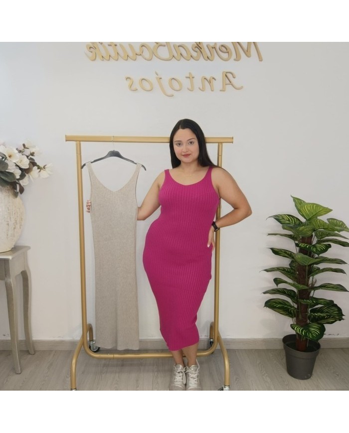 Vestido Midi Canalé Ajustado | Tirantes | Vestido Beige Elástico Mujer