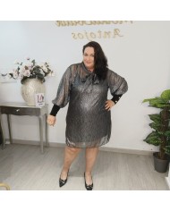 Vestido Encaje Velazquez manga larga abullonada color plomo con lazada en el cuello vista 4