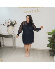 Vestido Encaje Velazquez manga larga abullonada azul marino con lazada en el cuello vista 6