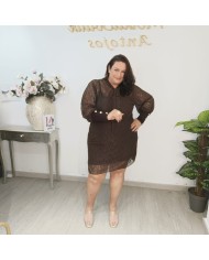 Vestido Encaje Velazquez manga larga abullonada chocolate con lazada en el cuello vista 8