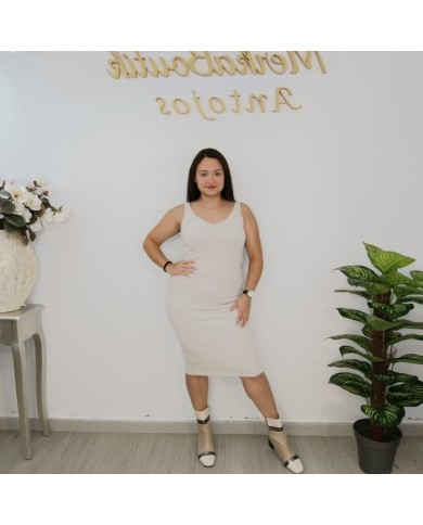Vestido Midi Canalé Ajustado | Tirantes | Vestido Beige Elástico Mujer