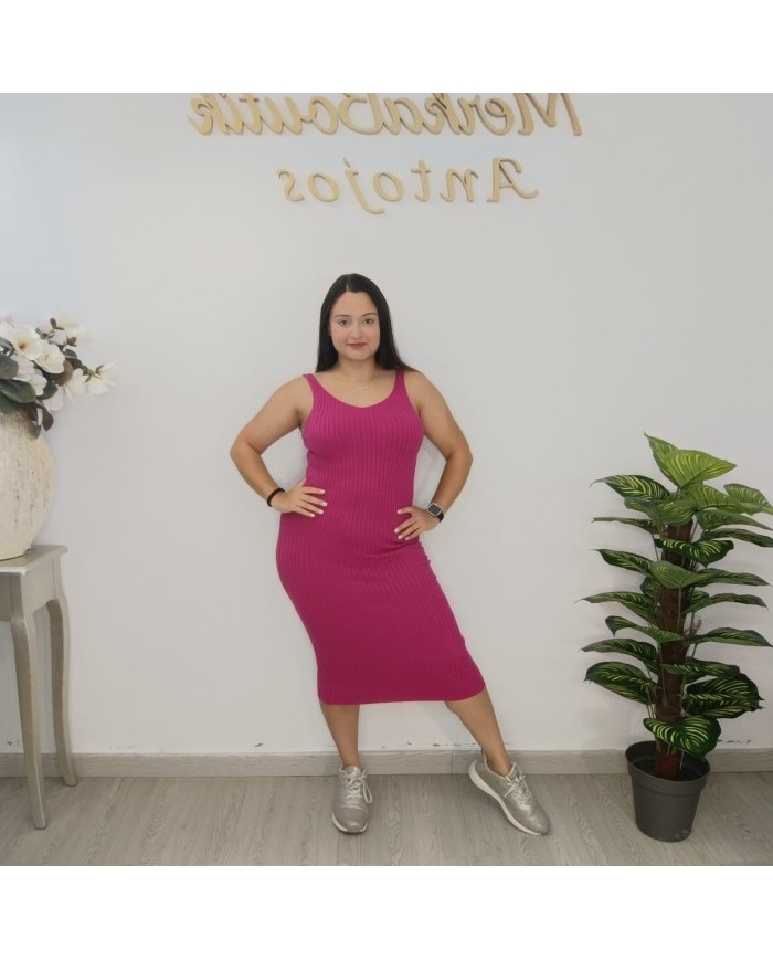 Vestido Midi Canalé Ajustado | Tirantes | Vestido Beige Elástico Mujer