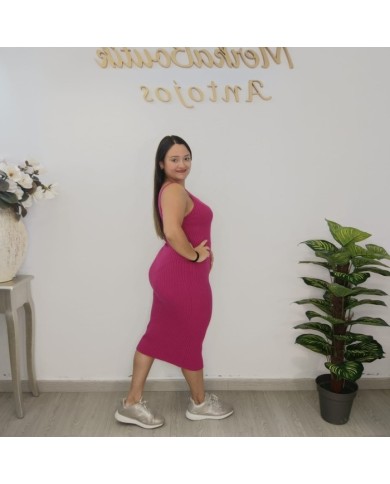 Vestido Midi Canalé Ajustado | Tirantes | Vestido Beige Elástico Mujer