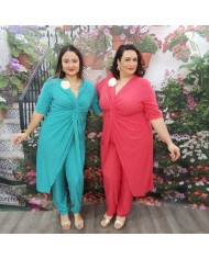 Conjunto OLGA Fiesta | Pantalón & Casaca Fruncida | Turquesa y Coral