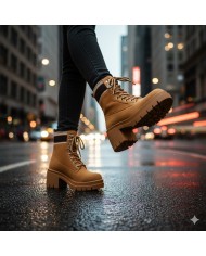 Bota Griega Militar Plataforma - Tacón Ancho Camel y Negro
