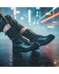 Bota Militar Negra Mujer - Cordones y Suela Track