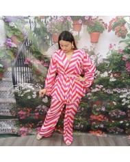 CONJUNTO REMEDIOS Fucsia | Kimono Satinado y Rayas Chevron