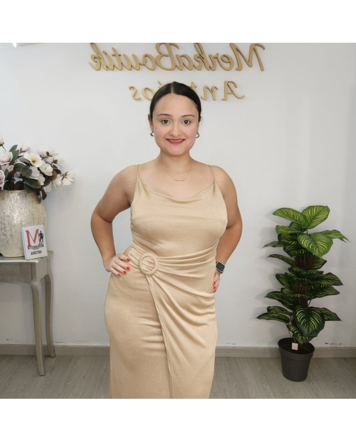 Vestido Arandela Midi Satén de tirantes con escote cascada y hebilla decorativa