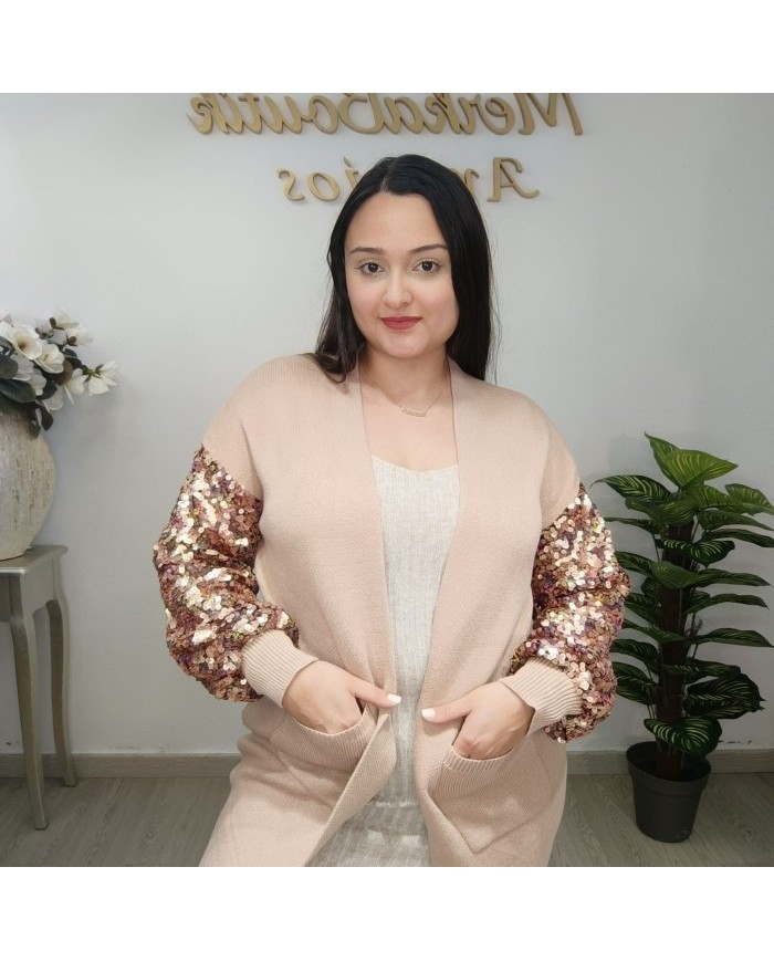 Rebeca Larga de Punto con Mangas de Lentejuelas | Abrigo de Fiesta Nude