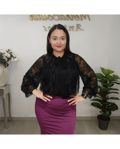 Camisa Encaje Negra con Volantes | Gasa y Lazo | Blusa Fiesta Eglaf Camisa Encaje Negra con Volantes | Gasa y Lazo | Blusa Fiesta Eglaf