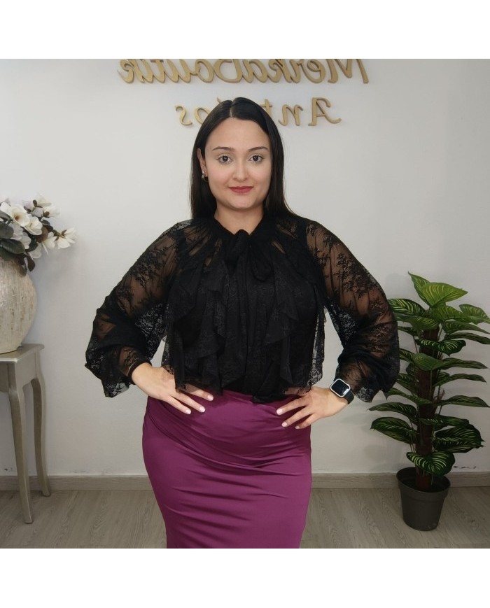 Camisa Encaje Negra con Volantes | Gasa y Lazo | Blusa Fiesta Eglaf