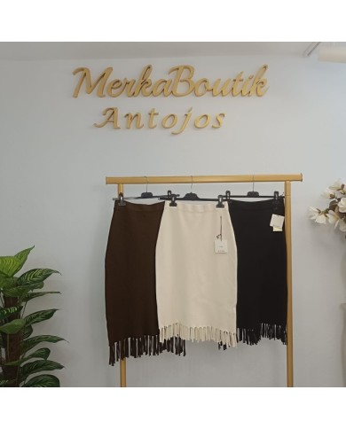 Falda Lápiz de Punto con Flecos | Falda Midi Ajustada Negra/Marrón/Crema