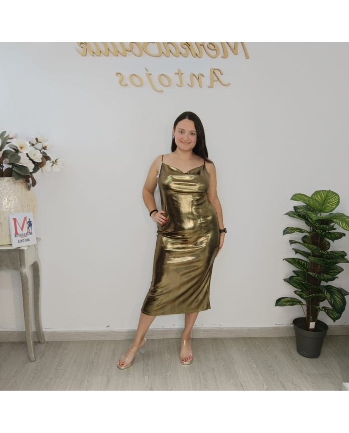 Vestido Sofi lencero oro midi satinado, sin adornos, con escote cascada y tirantes finos