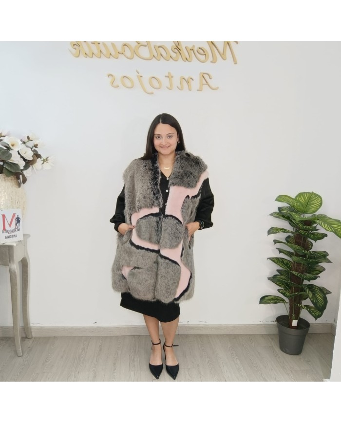 Chaleco Alaska largo de pelo sintético con bloques de color y bolsillos laterales