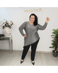 BLUSÓN BRILLO ASIMÉTRICO | Top Lúrex con Encaje Negro