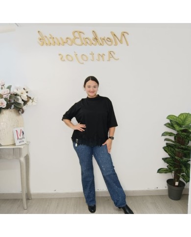 CAMISETA PUNTILLA | Top Encaje Manga 3/4 Bajo Asimétrico Casual