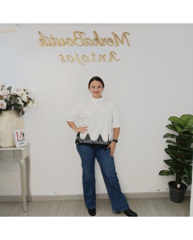 CAMISETA PUNTILLA | Top Encaje Manga 3/4 Bajo Asimétrico Casual